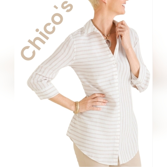Chico's Women's Tan & Ivory Striped All Linen Button Front Shirt Sz 2P=12-14 - Picture 1 of 13